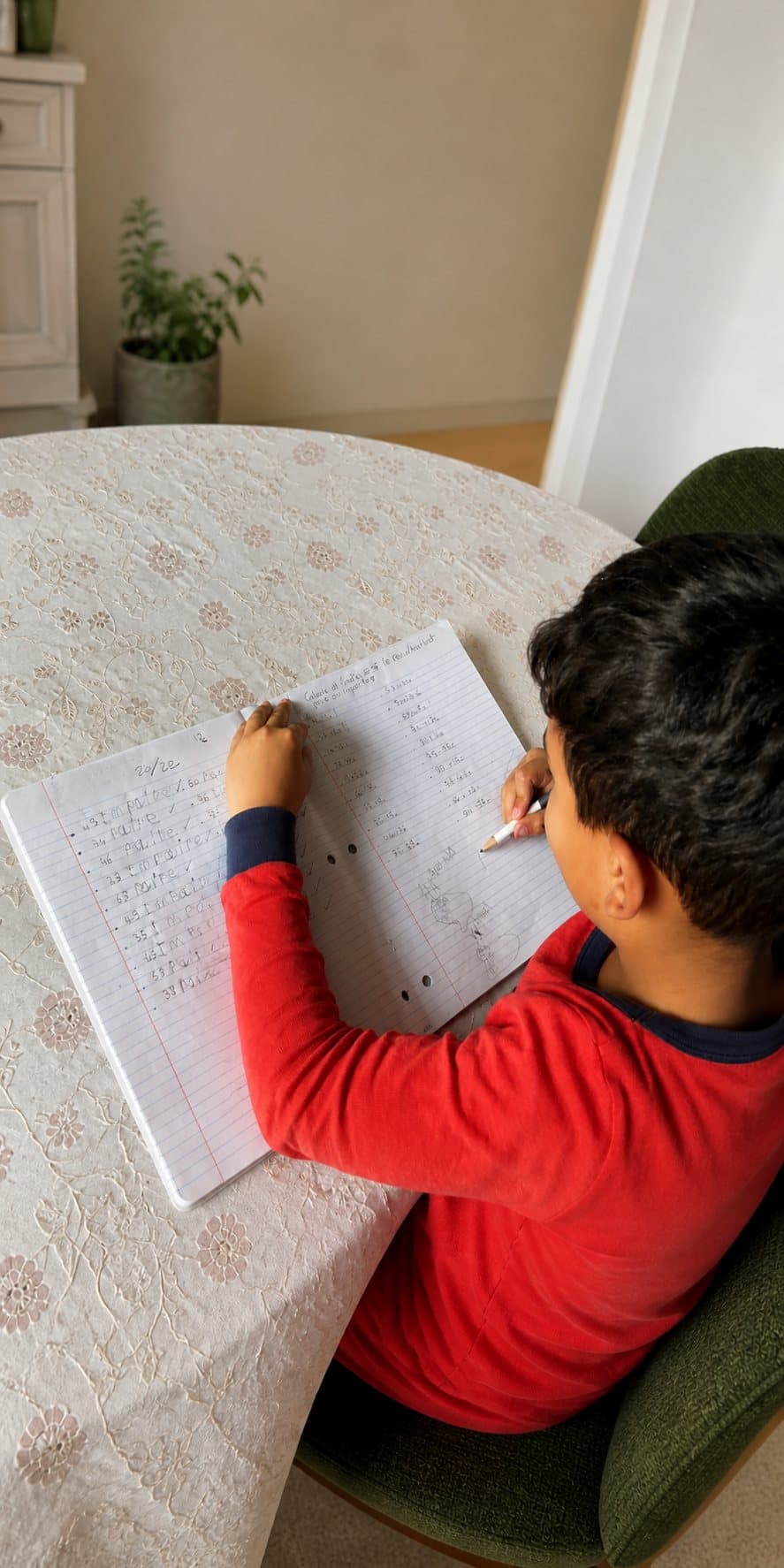 Un élève travaille dans ses cahiers de mathématiques à la maison.