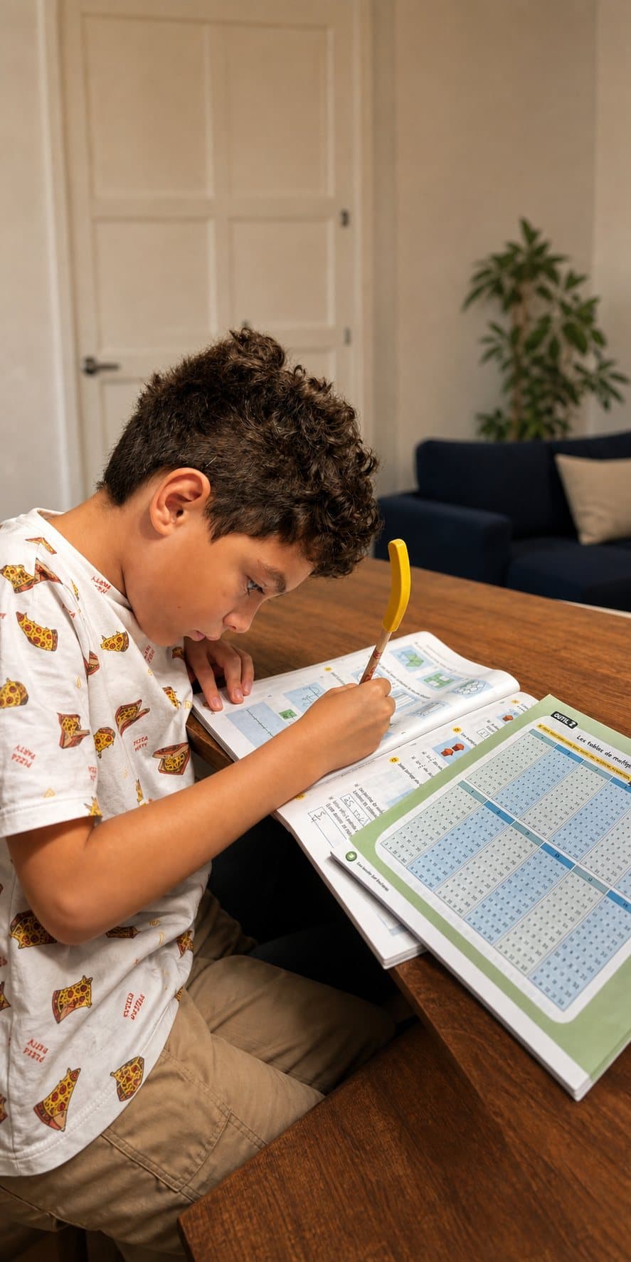 Un élève se concentre sur un exercice de mathématiques à la maison.
